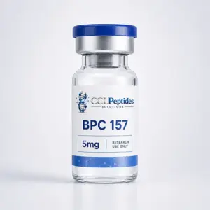 CCL Peptides BPC 157 5mg research-use peptide vial with realistic glass bottle and soft shadow