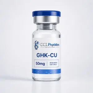 CCL Peptides GHK-CU 50mg research-use peptide vial with premium white and blue label