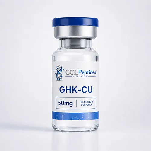 CCL Peptides GHK-CU 50mg research-use peptide vial with premium white and blue label