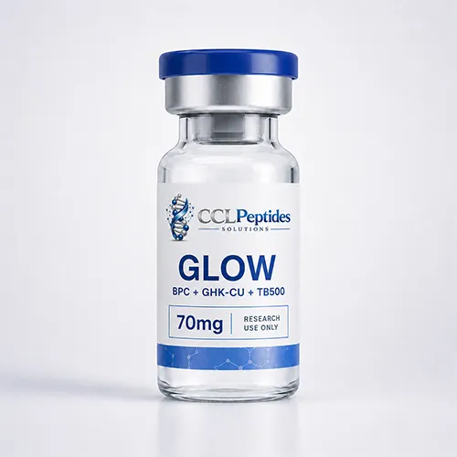 CCL Peptides GLOW 70mg research-use blend vial with BPC, GHK-CU, and TB500 label details