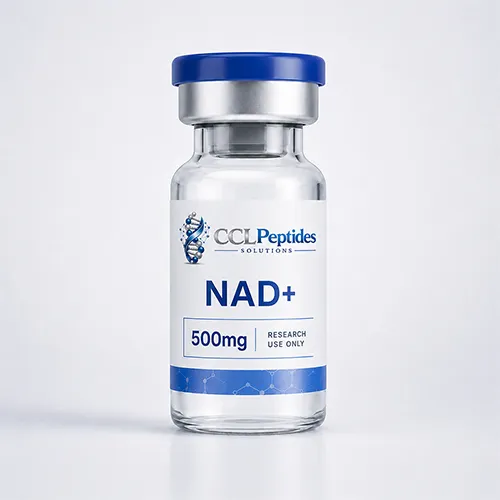 CCL Peptides NAD+ 500mg research-use peptide vial with blue cap and branded minimal label