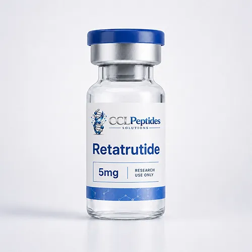 CCL Peptides Retatrutide 5mg research-use peptide vial with branded label and realistic shadow