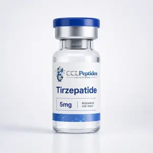 CCL Peptides Tirzepatide 5mg research-use peptide vial with blue cap and minimal white label