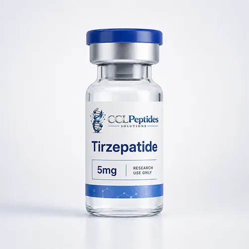 CCL Peptides Tirzepatide 5mg research-use peptide vial with blue cap and minimal white label